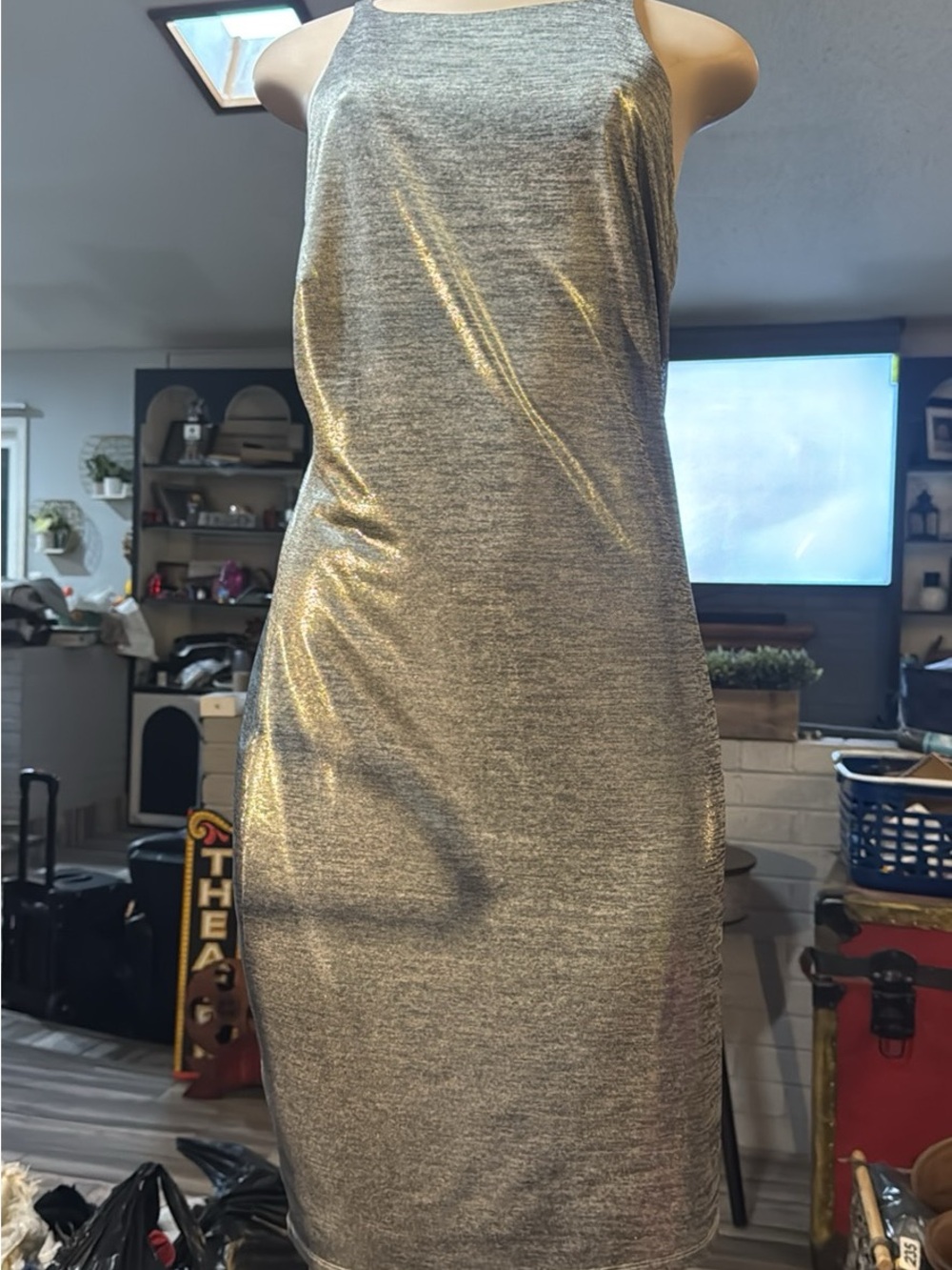White House Black Market Silver Metallic Midi Sheath Dress#236